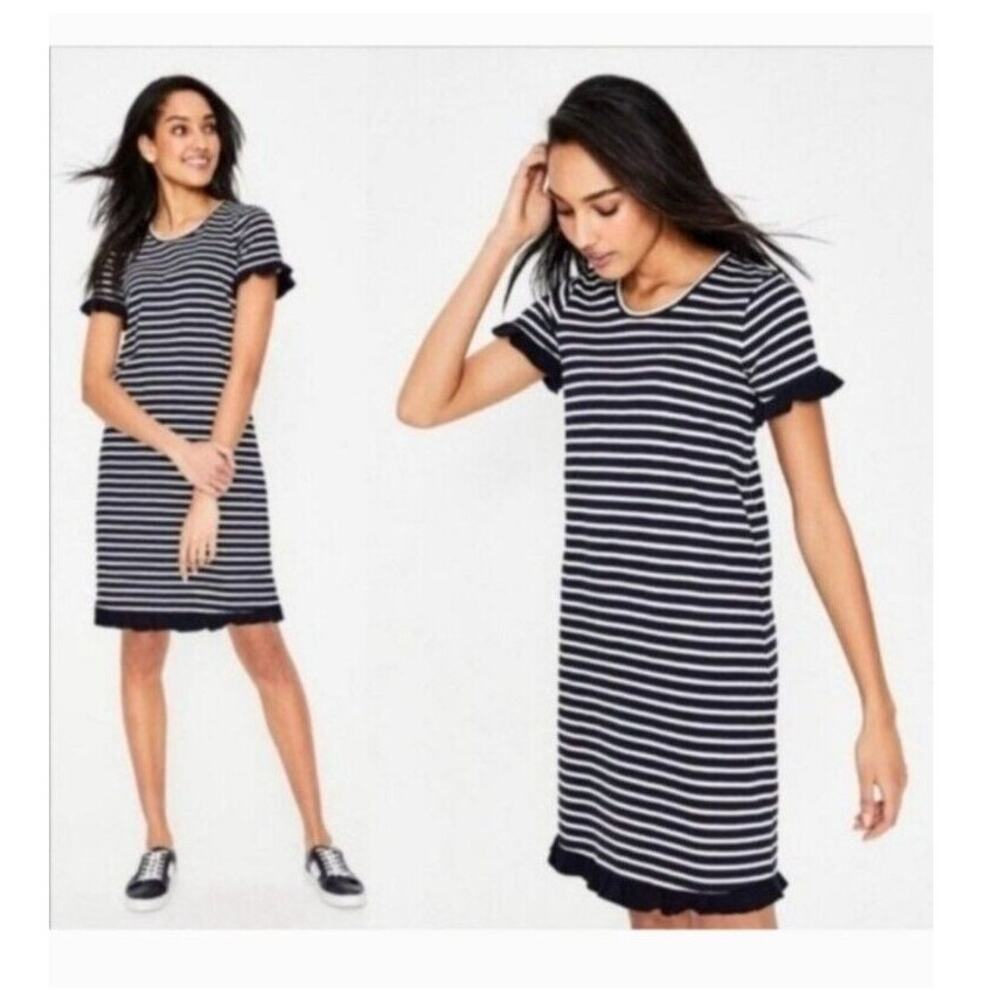 Boden Women’s Emily Stripe Jersey Shirt Dress Blue White Ruffle Hem Size 4L